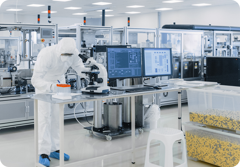 A scientist examines and takes note in a laboratory